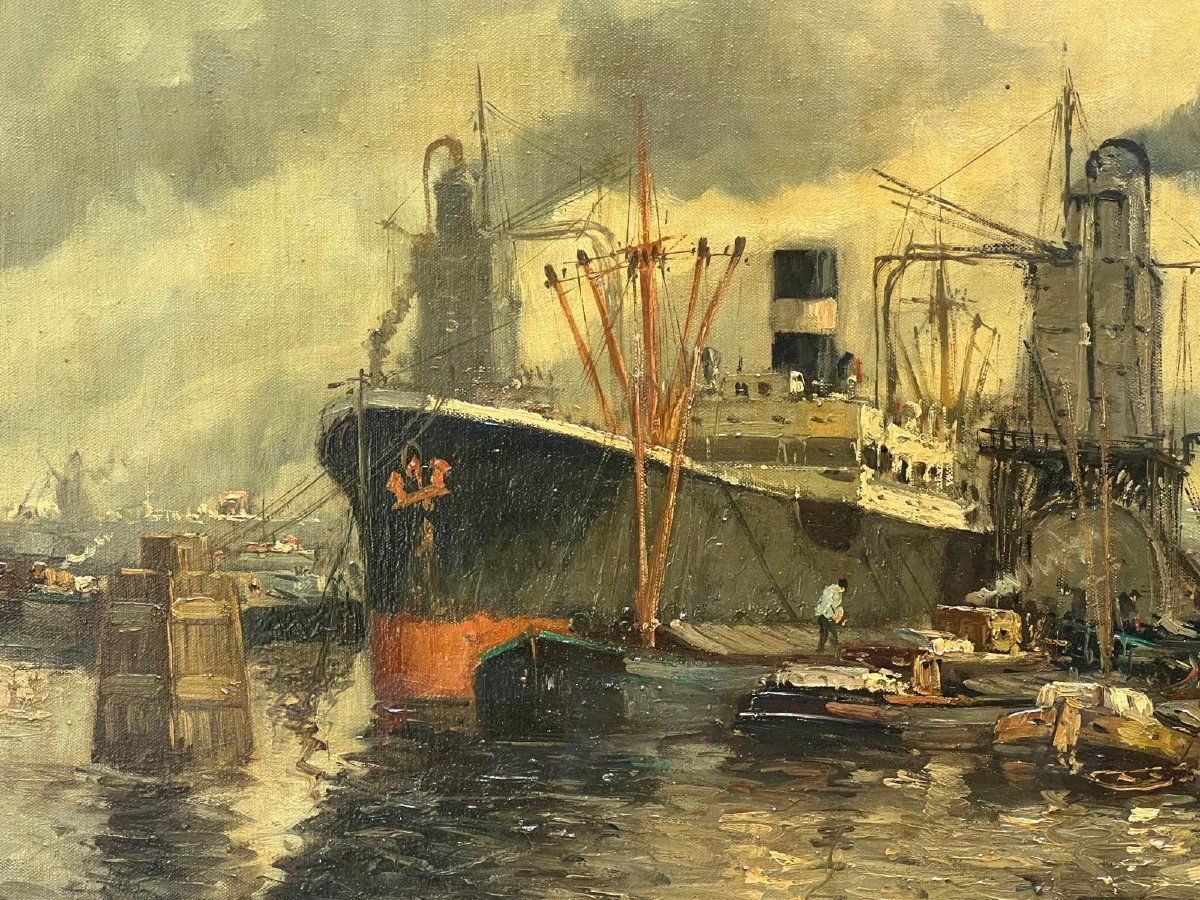 Painting Of A Port With Various Boats Signed Illegibly. -photo-2