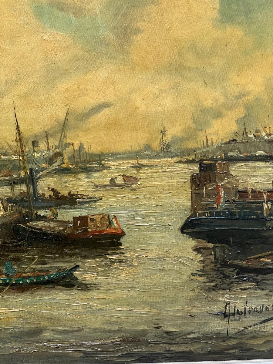 Painting Of A Port With Various Boats Signed Illegibly. -photo-3
