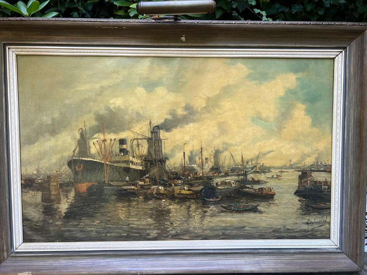 Painting Of A Port With Various Boats Signed Illegibly. 