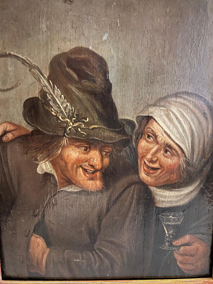 Tableau  école Hollandais XlX ème, Scène de Réjouissances cachet de cire dans un joli cadre anc-photo-2