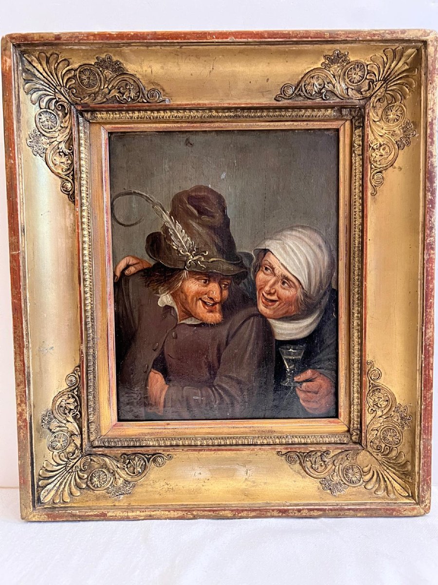 Tableau  école Hollandais XlX ème, Scène de Réjouissances cachet de cire dans un joli cadre anc-photo-3