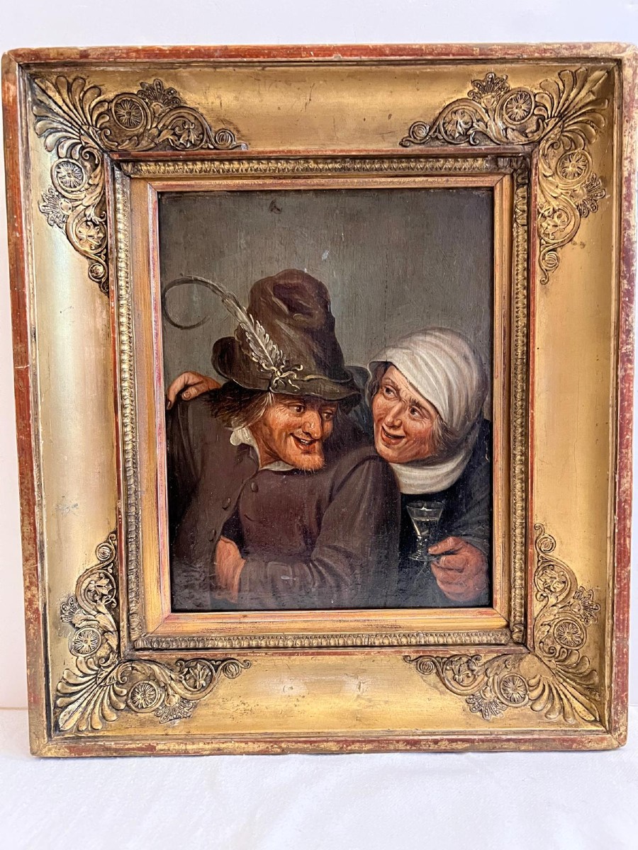 Tableau  école Hollandais XlX ème, Scène de Réjouissances cachet de cire dans un joli cadre anc