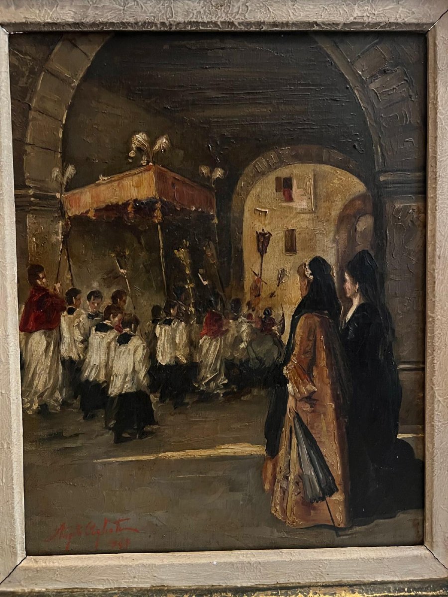Procession Painting Signed Illegibly. -photo-2