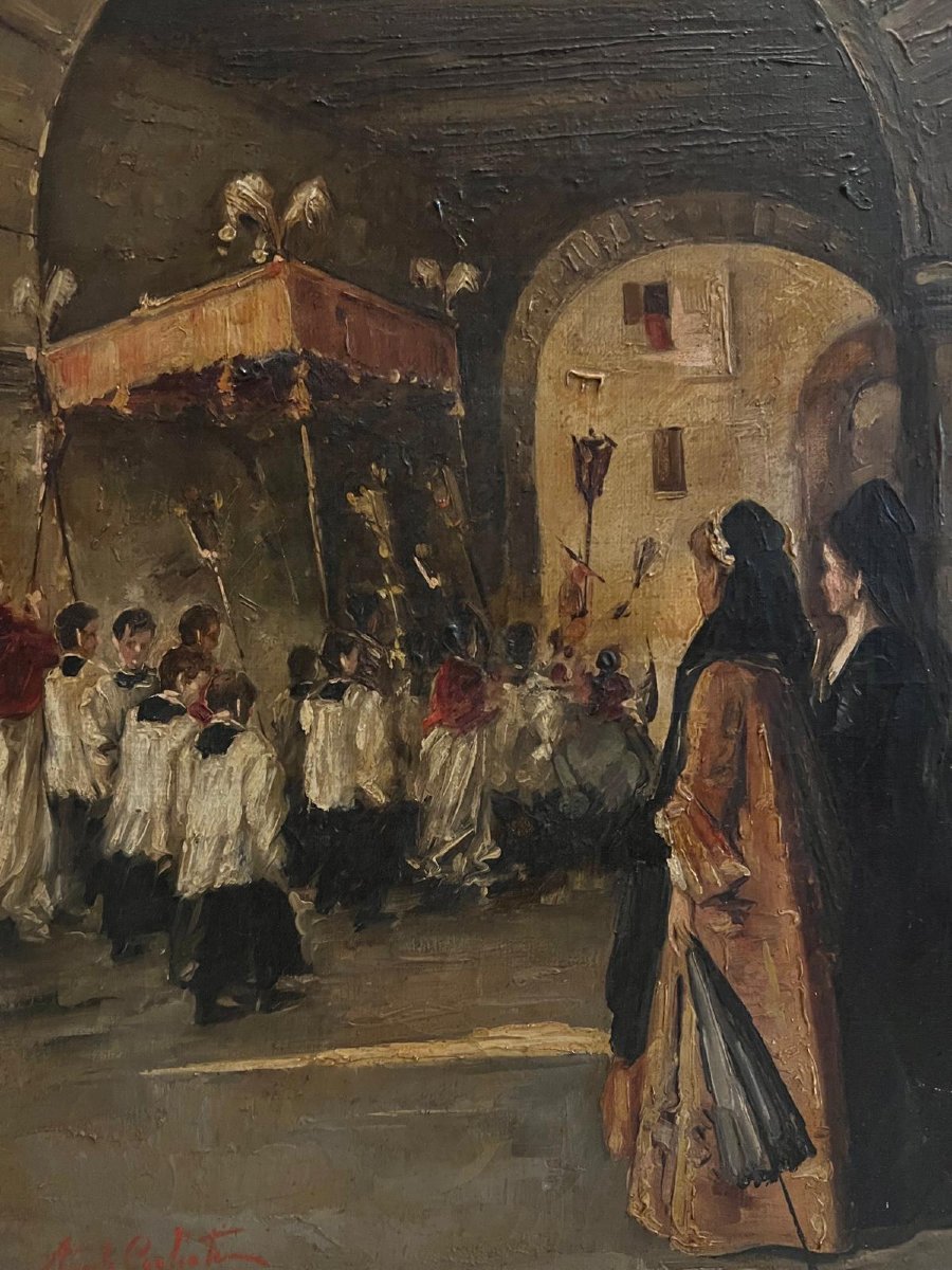 Procession Painting Signed Illegibly. -photo-1