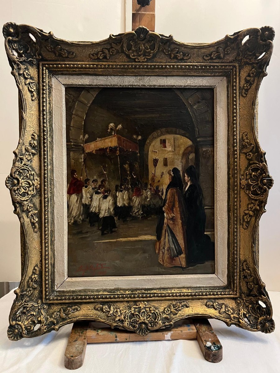 Procession Painting Signed Illegibly. 
