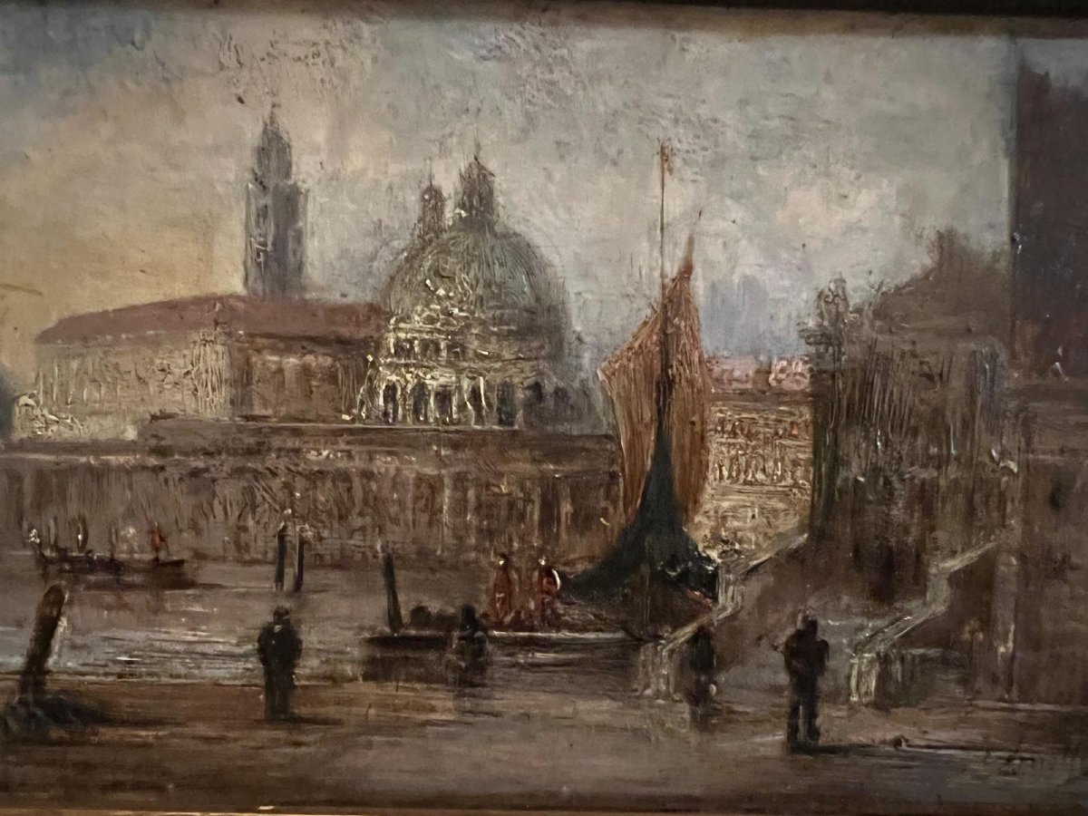 Venice Painting Italian School Signed Illegible Rare Wooden Frame, 19th Century Frame And Painting. -photo-2