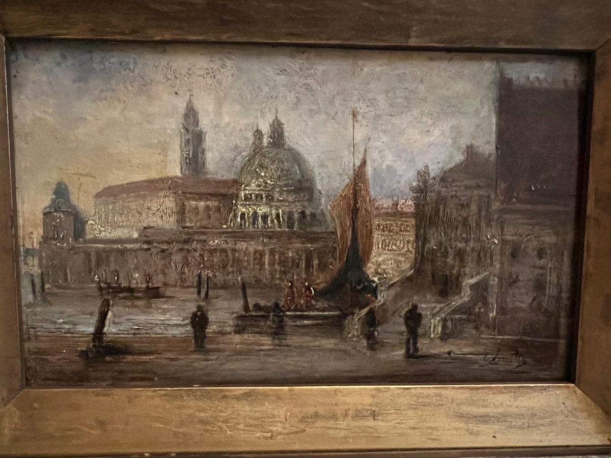 Venice Painting Italian School Signed Illegible Rare Wooden Frame, 19th Century Frame And Painting. -photo-3