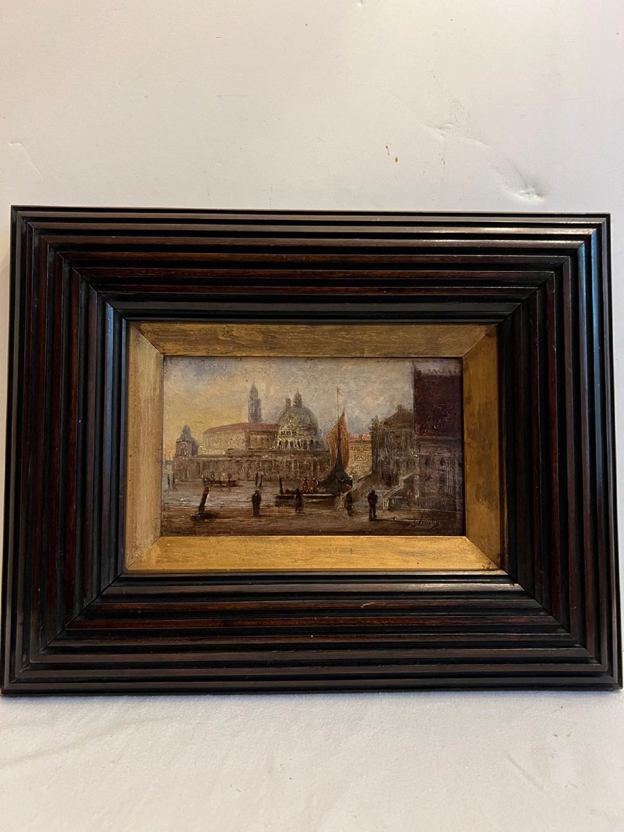 Venice Painting Italian School Signed Illegible Rare Wooden Frame, 19th Century Frame And Painting. -photo-4