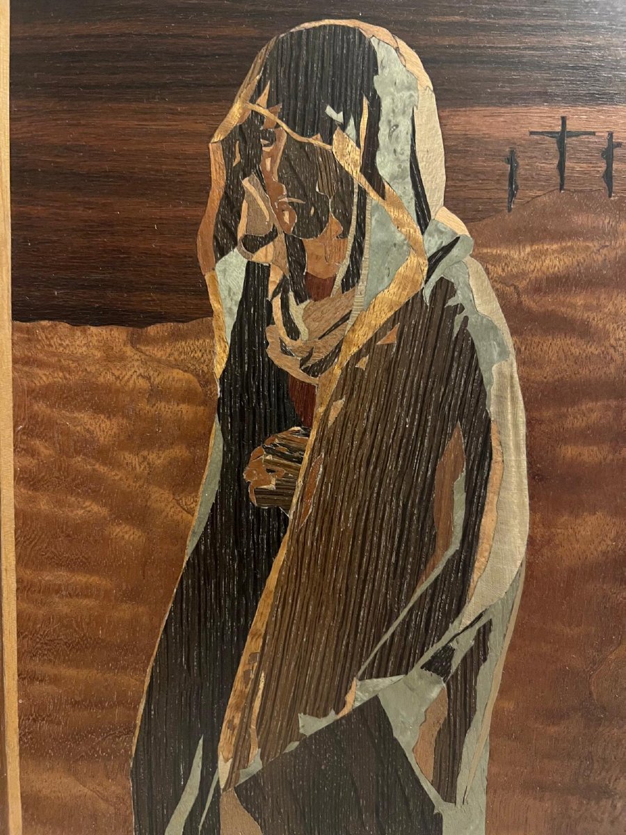 Rare Wood Marquetry Painting With Beautiful 19th Century Frame. -photo-1