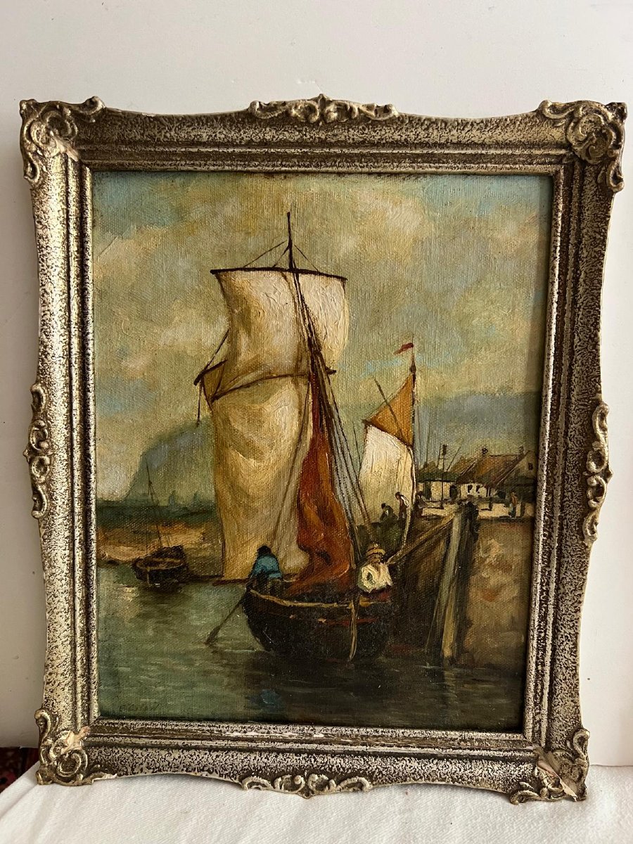 Deux tableaux Marine Voilier à quai, un Signé bas Gauche. -photo-2