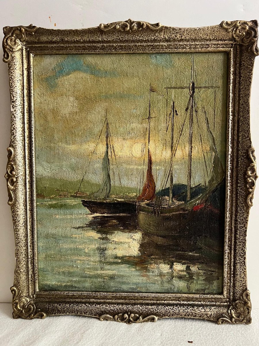Deux tableaux Marine Voilier à quai, un Signé bas Gauche. -photo-3
