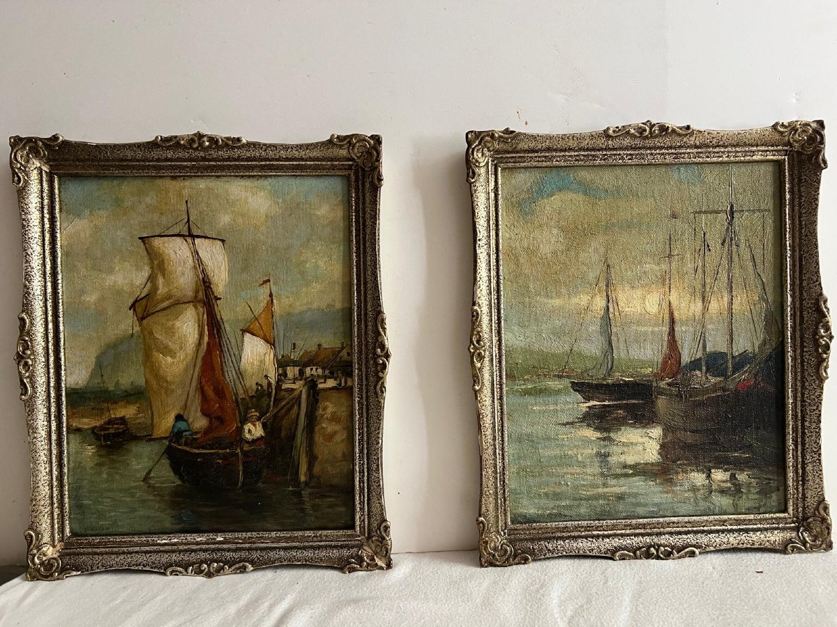 Deux tableaux Marine Voilier à quai, un Signé bas Gauche. -photo-3