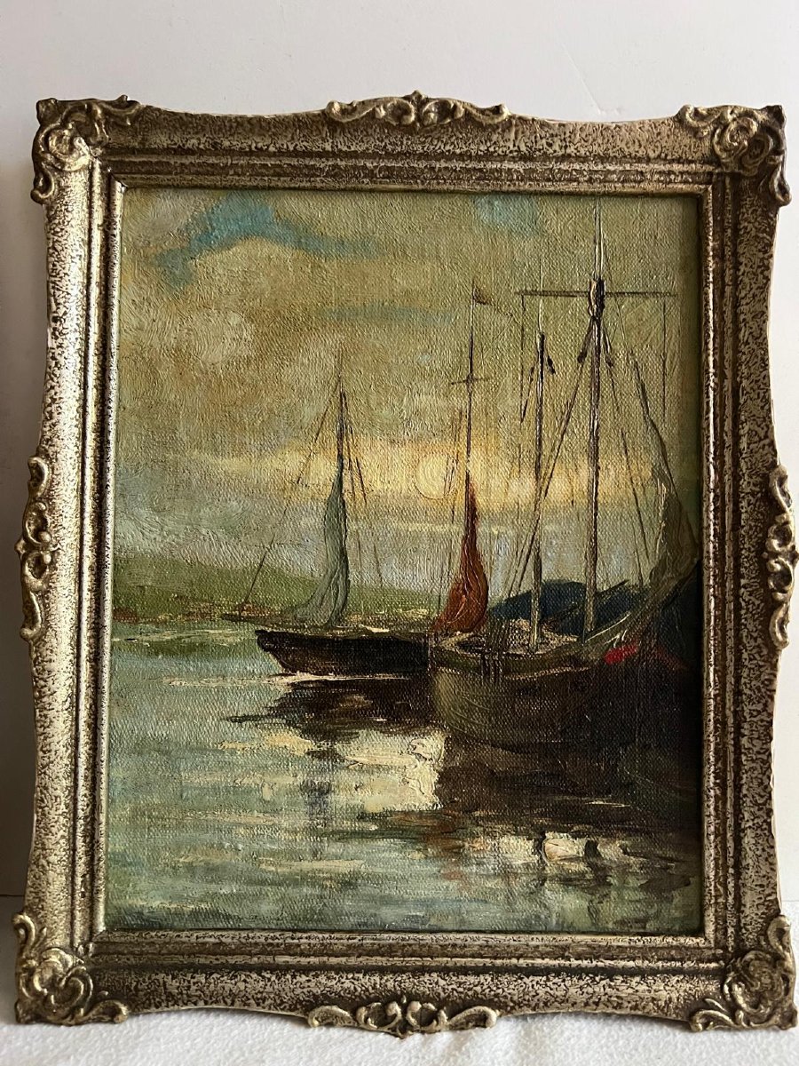Deux tableaux Marine Voilier à quai, un Signé bas Gauche. -photo-5