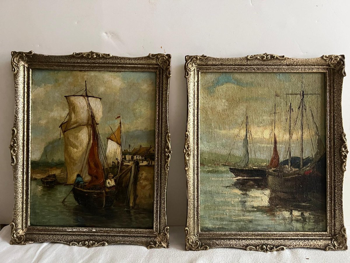 Deux tableaux Marine Voilier à quai, un Signé bas Gauche. -photo-8