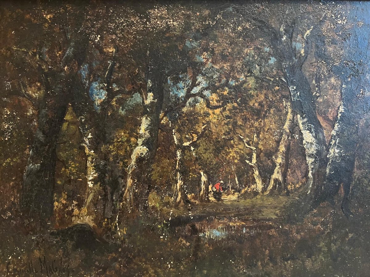 Tableau Forêt animé  Signé   Camille  Magnus  1850  très beau cadre. -photo-2