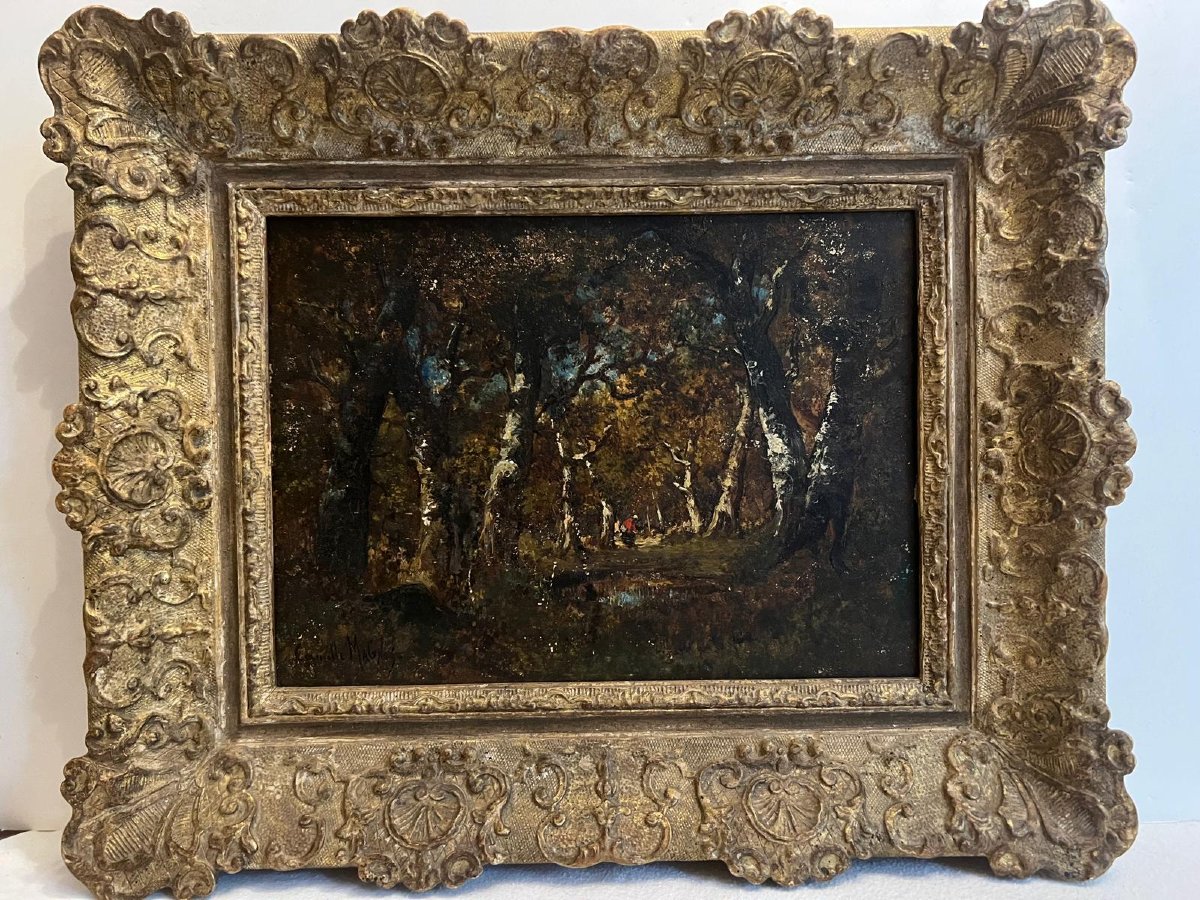 Tableau Forêt animé  Signé   Camille  Magnus  1850  très beau cadre. -photo-1