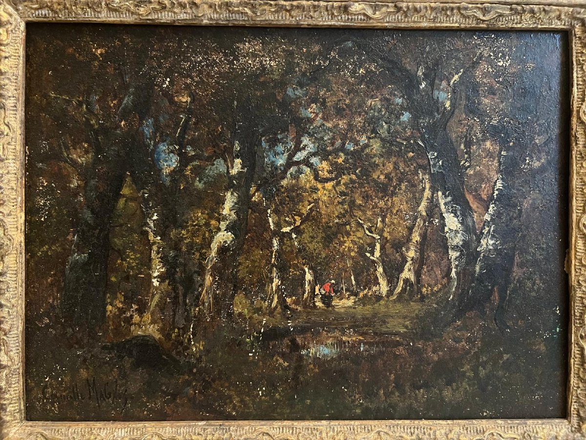 Tableau Forêt animé  Signé   Camille  Magnus  1850  très beau cadre. -photo-4
