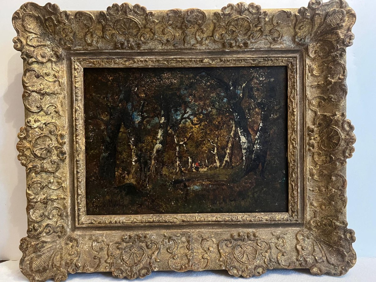 Tableau Forêt animé  Signé   Camille  Magnus  1850  très beau cadre. 