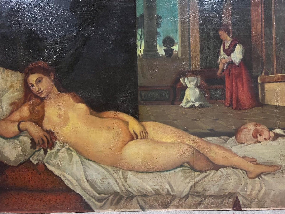 Painting Of A Naked Woman On Her Bed Serving Her In The Background On Canvas Small Accident. -photo-3
