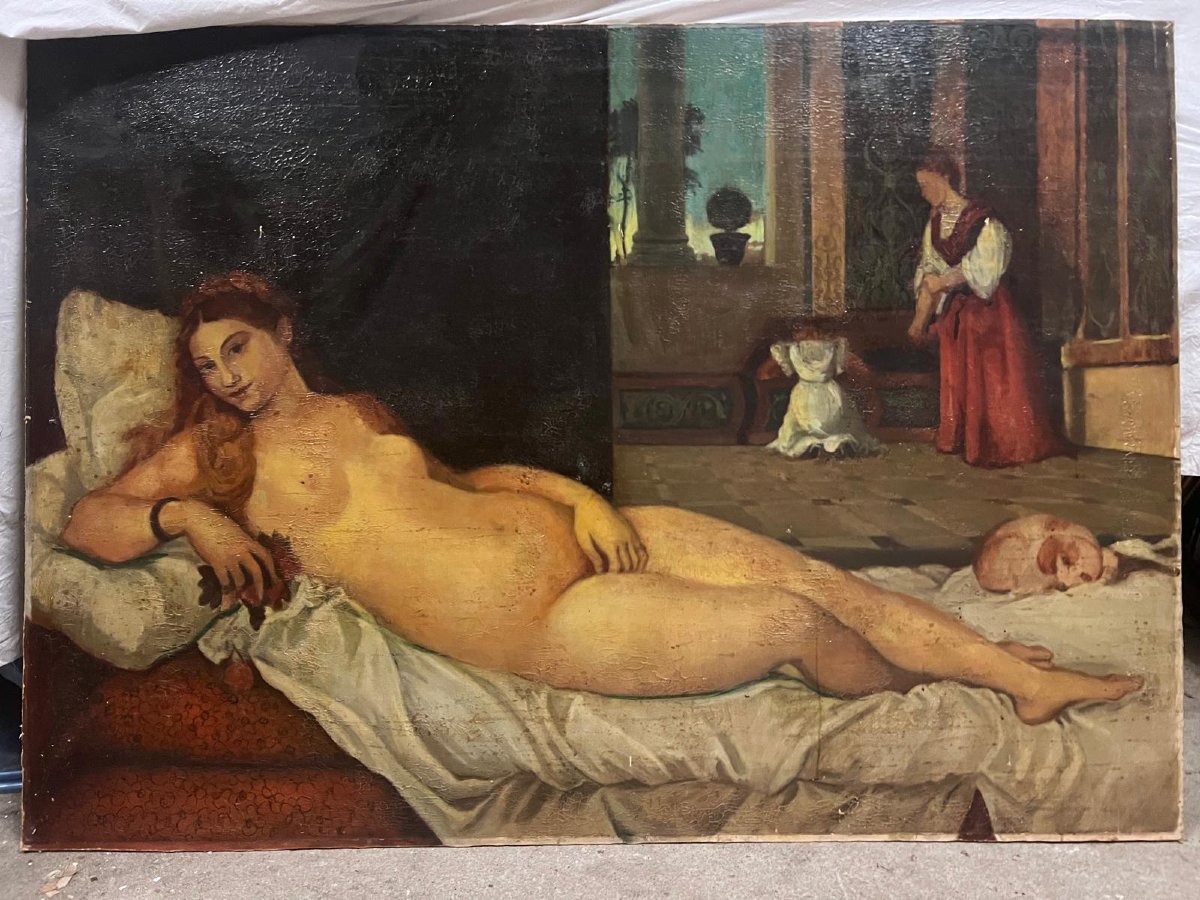 Painting Of A Naked Woman On Her Bed Serving Her In The Background On Canvas Small Accident. -photo-1