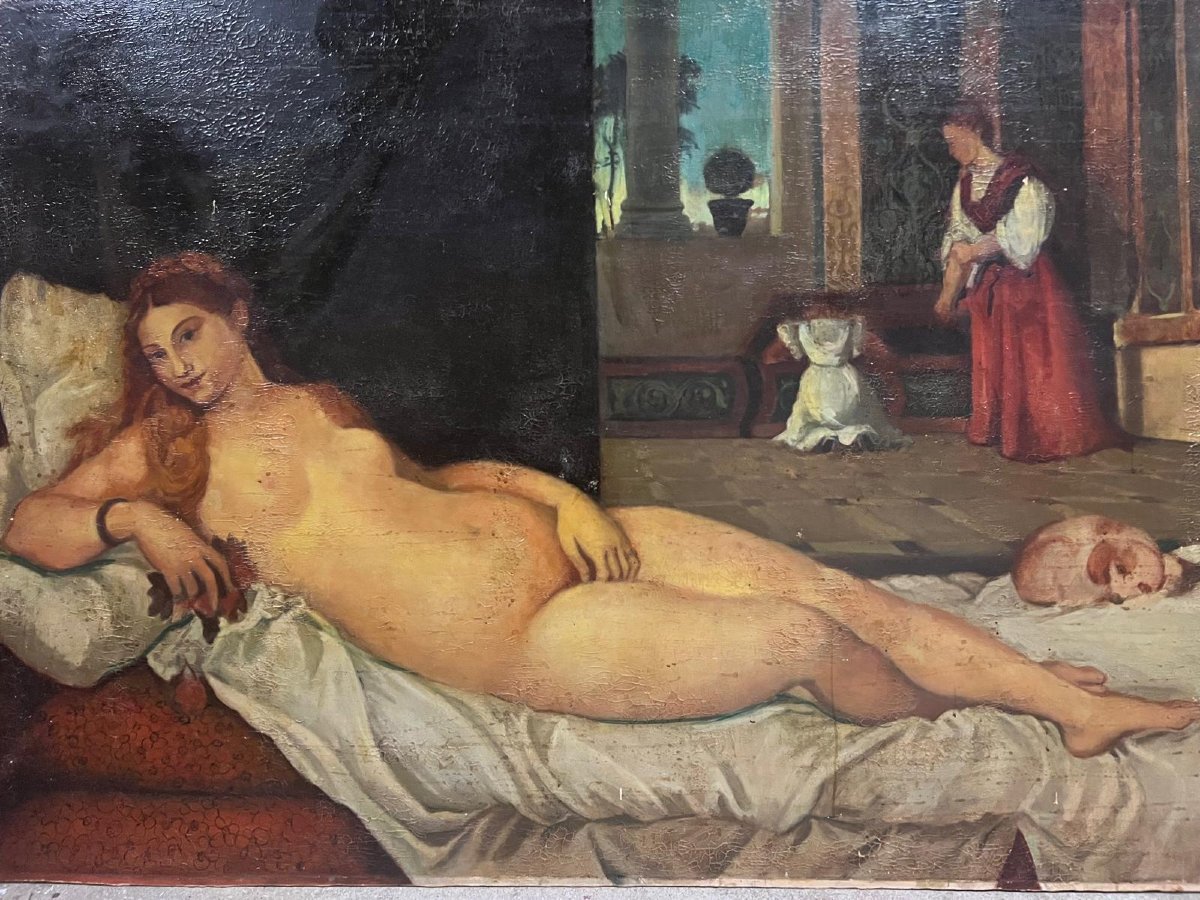 Painting Of A Naked Woman On Her Bed Serving Her In The Background On Canvas Small Accident. -photo-3