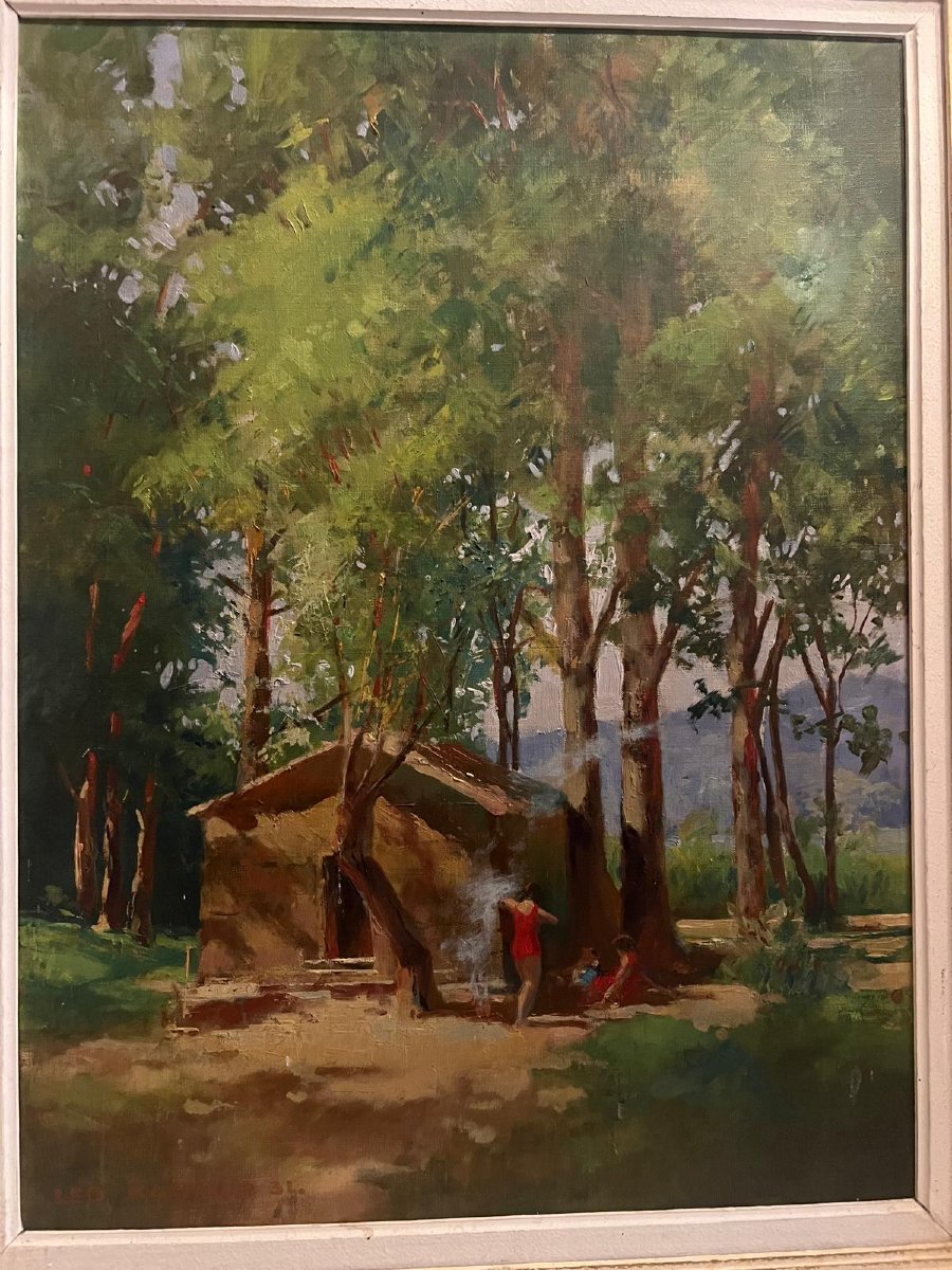 Landscape Painting With Animated Little House Signed, Léo Kalmuus 31.-photo-2