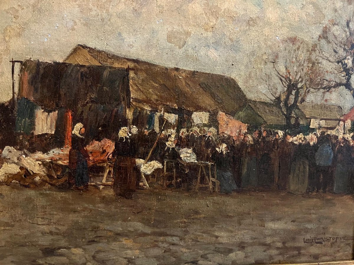 Breton Painting Women At The Fabric Market, Signed Luiz Christophe, Oil On Canvas -photo-2