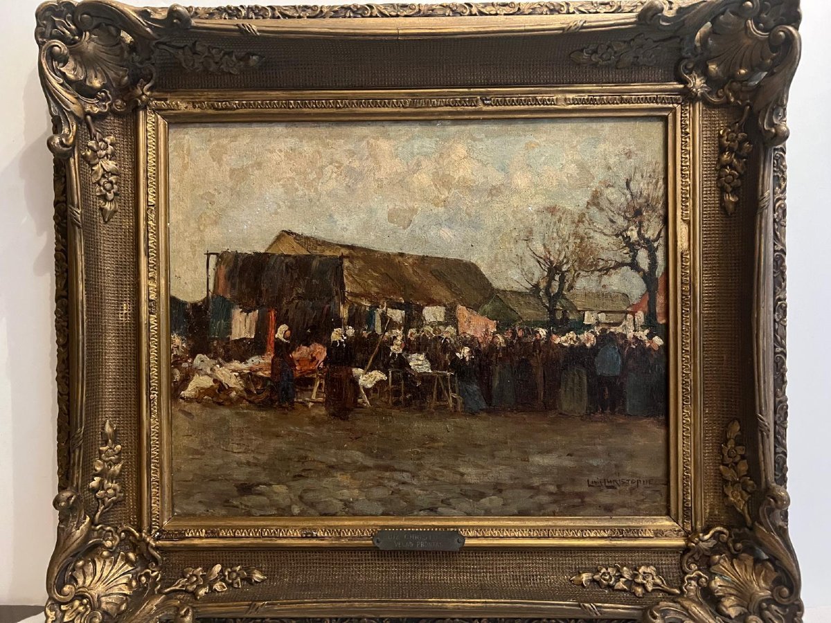 Breton Painting Women At The Fabric Market, Signed Luiz Christophe, Oil On Canvas -photo-3