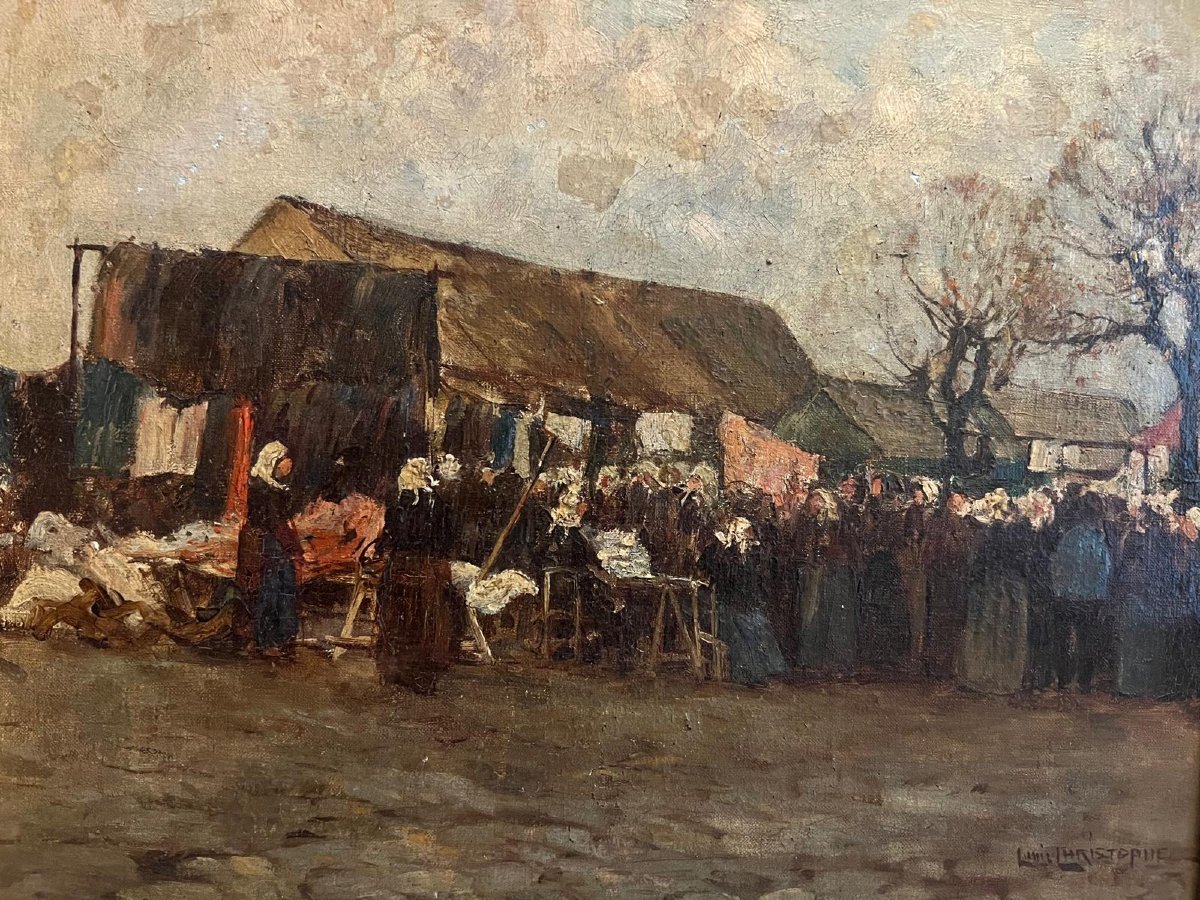 Breton Painting Women At The Fabric Market, Signed Luiz Christophe, Oil On Canvas -photo-4