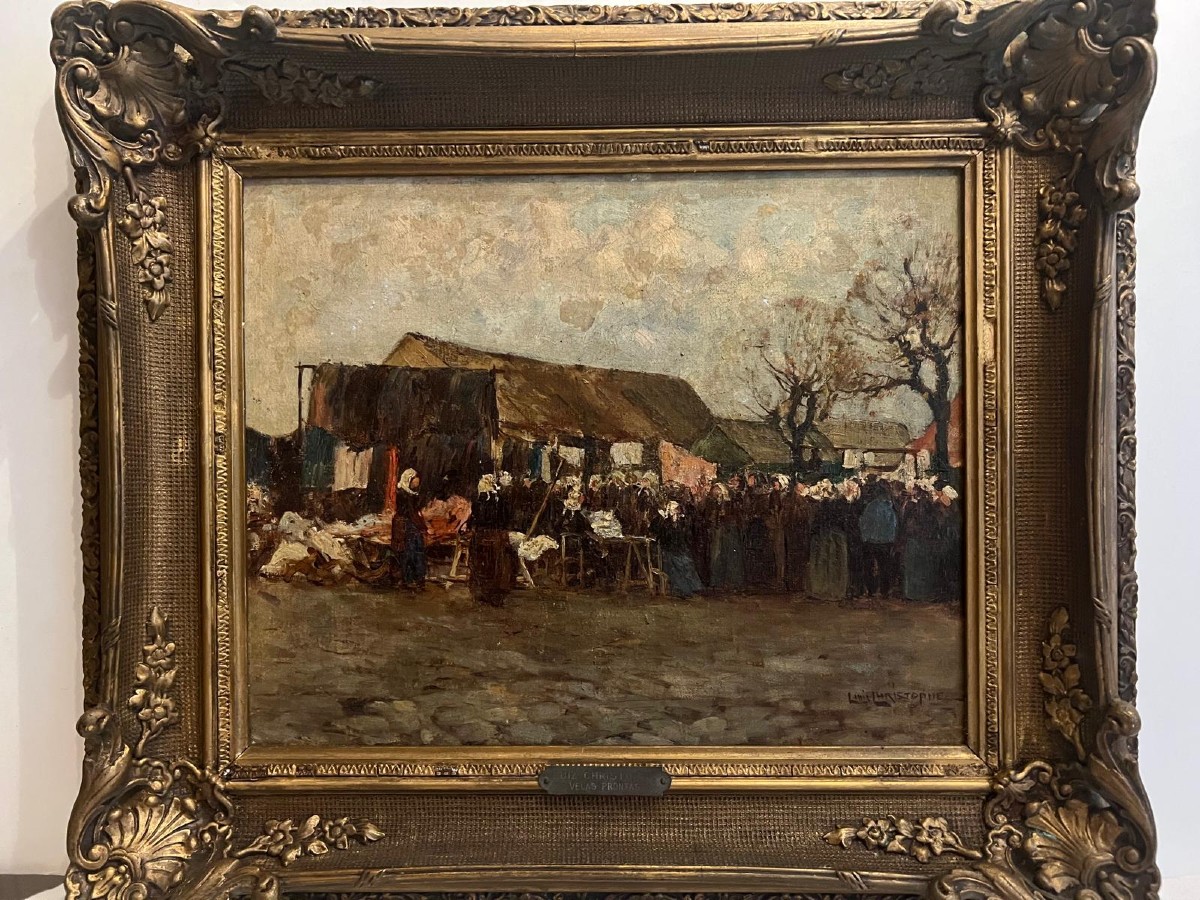Breton Painting Women At The Fabric Market, Signed Luiz Christophe, Oil On Canvas 