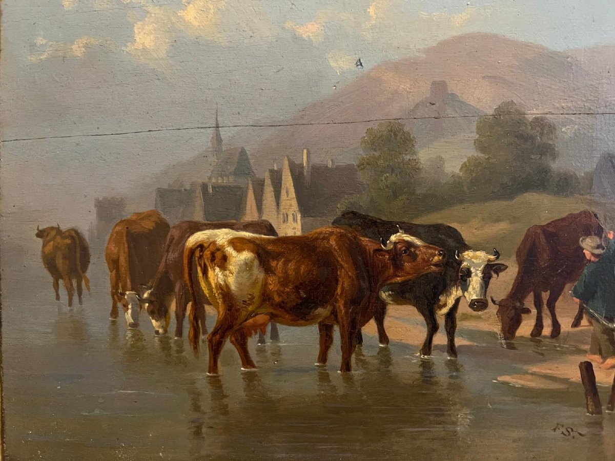 Painting Guardian And His Herd Of Cows, Very Beautiful Quality Signed, Fs, Oil On Wood-photo-2