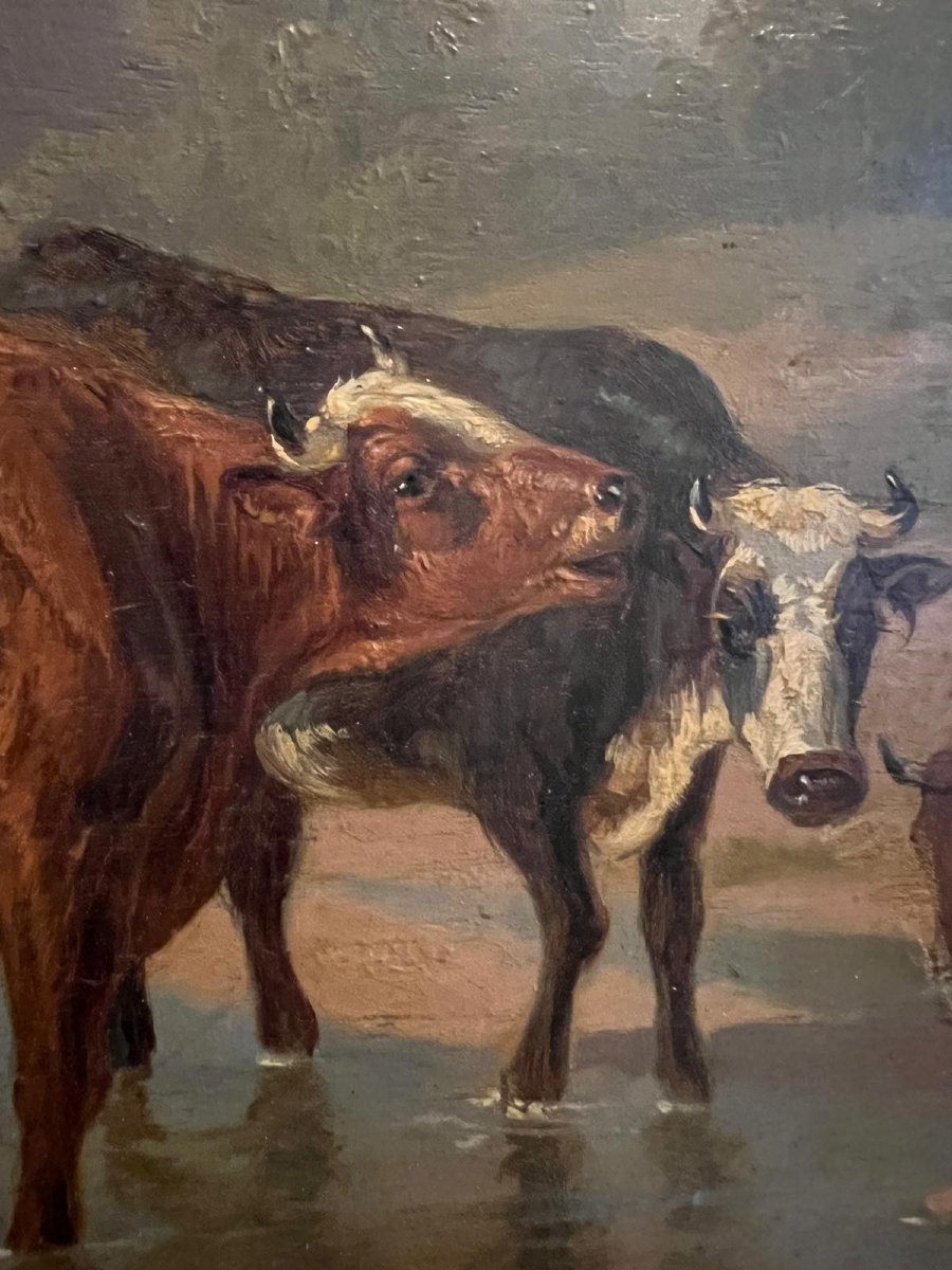 Painting Guardian And His Herd Of Cows, Very Beautiful Quality Signed, Fs, Oil On Wood-photo-3