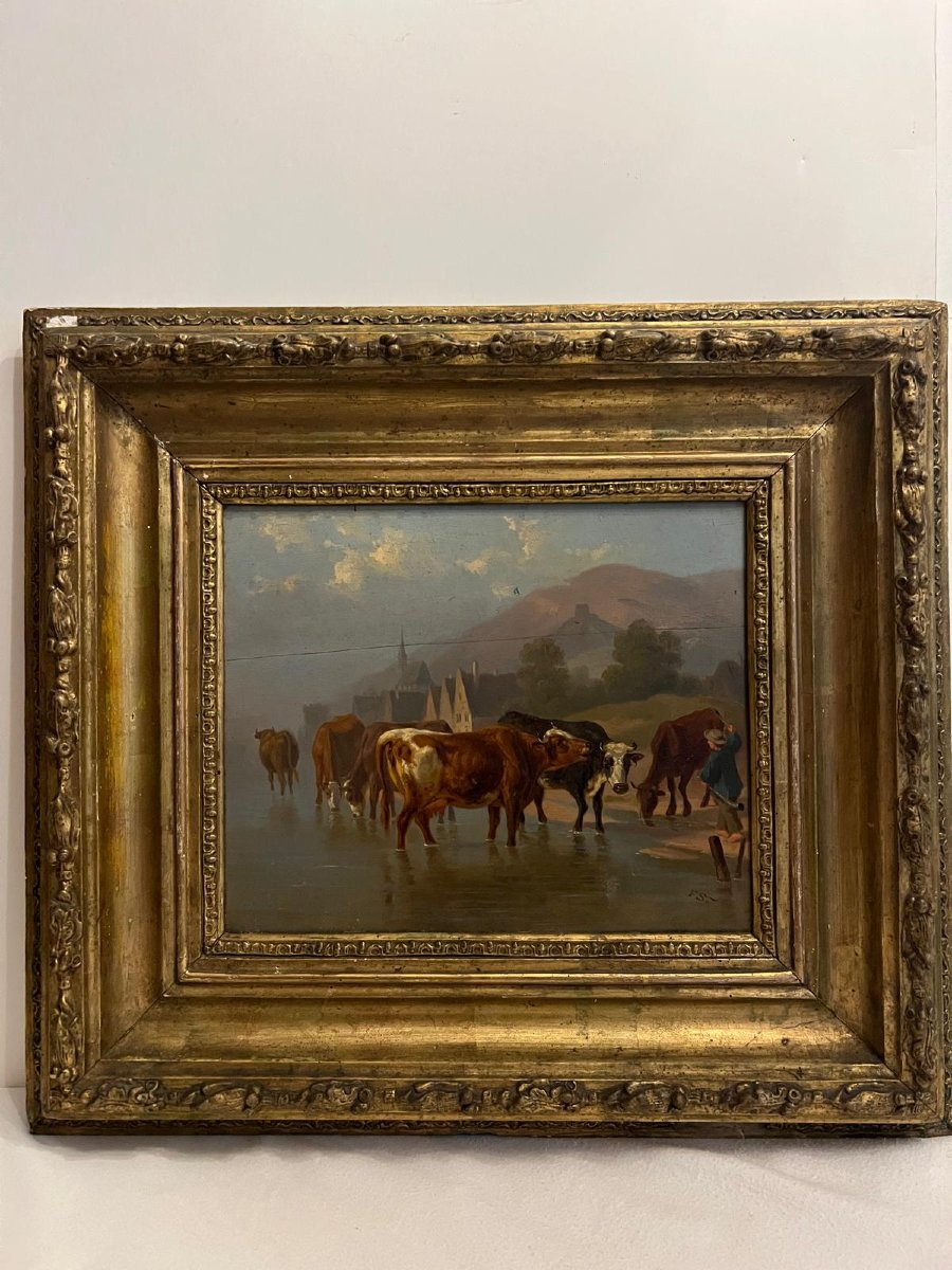Painting Guardian And His Herd Of Cows, Very Beautiful Quality Signed, Fs, Oil On Wood-photo-4