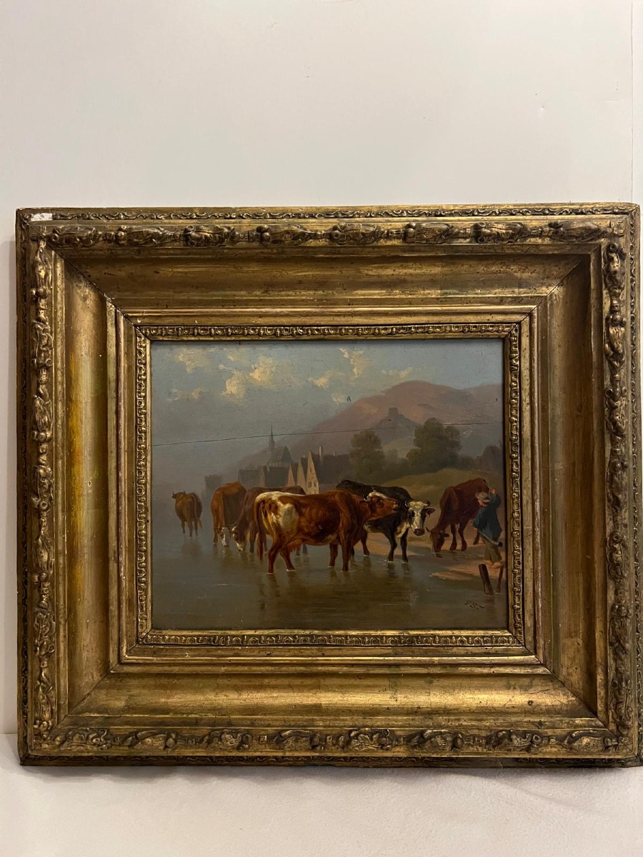Painting Guardian And His Herd Of Cows, Very Beautiful Quality Signed, Fs, Oil On Wood