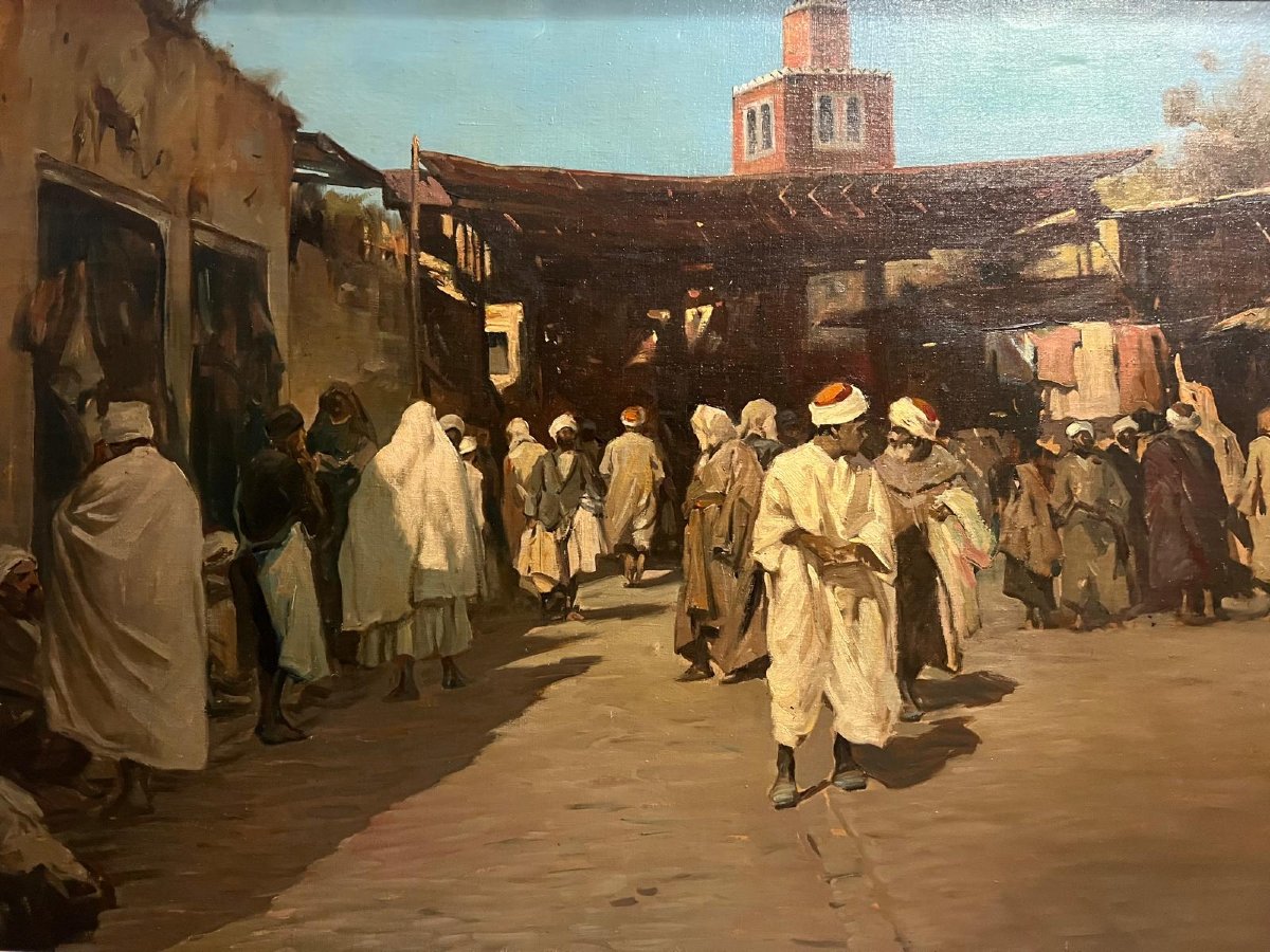 Tableau Orientaliste Signé Kossak...  Tunis The Souk des Armes,  Huile sur toile. -photo-2