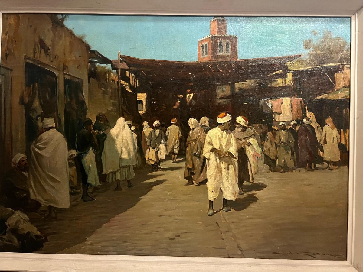 Tableau Orientaliste Signé Kossak...  Tunis The Souk des Armes,  Huile sur toile. -photo-1