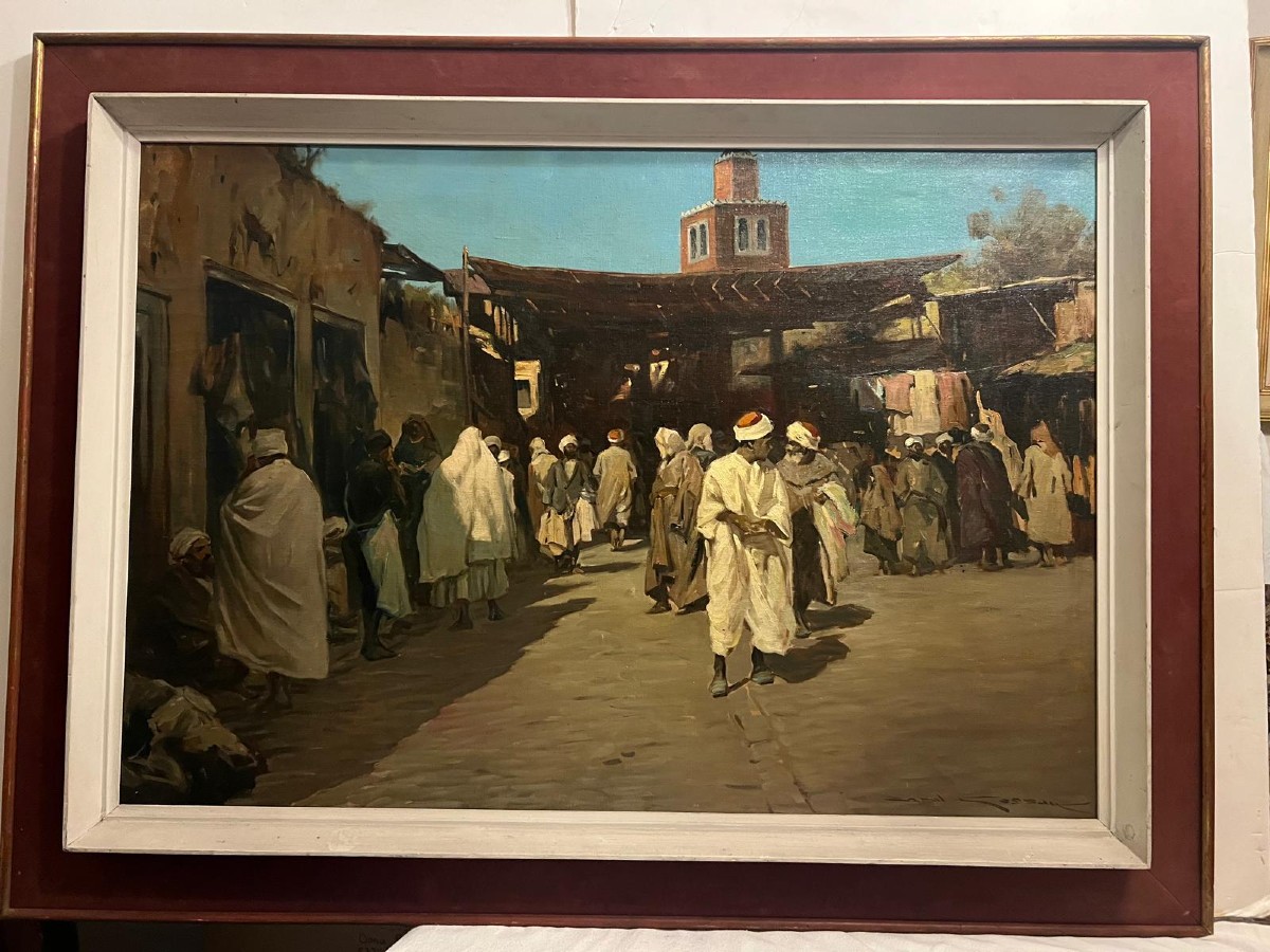 Tableau Orientaliste Signé Kossak...  Tunis The Souk des Armes,  Huile sur toile. 