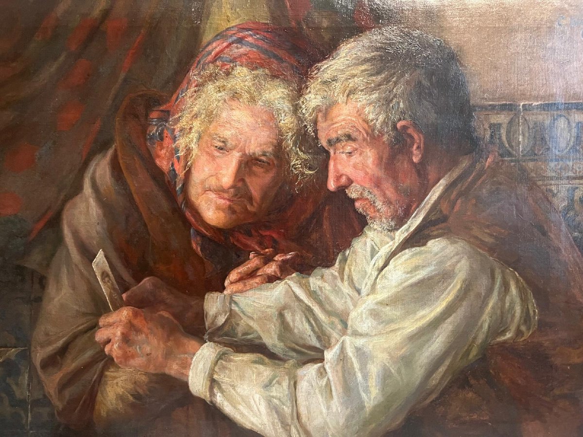 Tableau École Lituanien Signé illisible un Homme prouvant à sa femme qu'il était beau. -photo-4