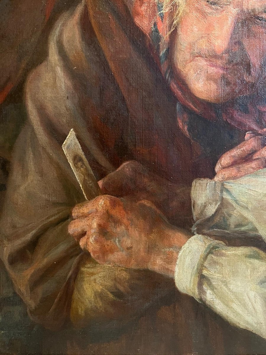 Tableau École Lituanien Signé illisible un Homme prouvant à sa femme qu'il était beau. -photo-2