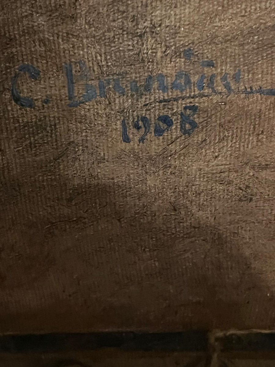 Tableau École Lituanien Signé illisible un Homme prouvant à sa femme qu'il était beau. -photo-7