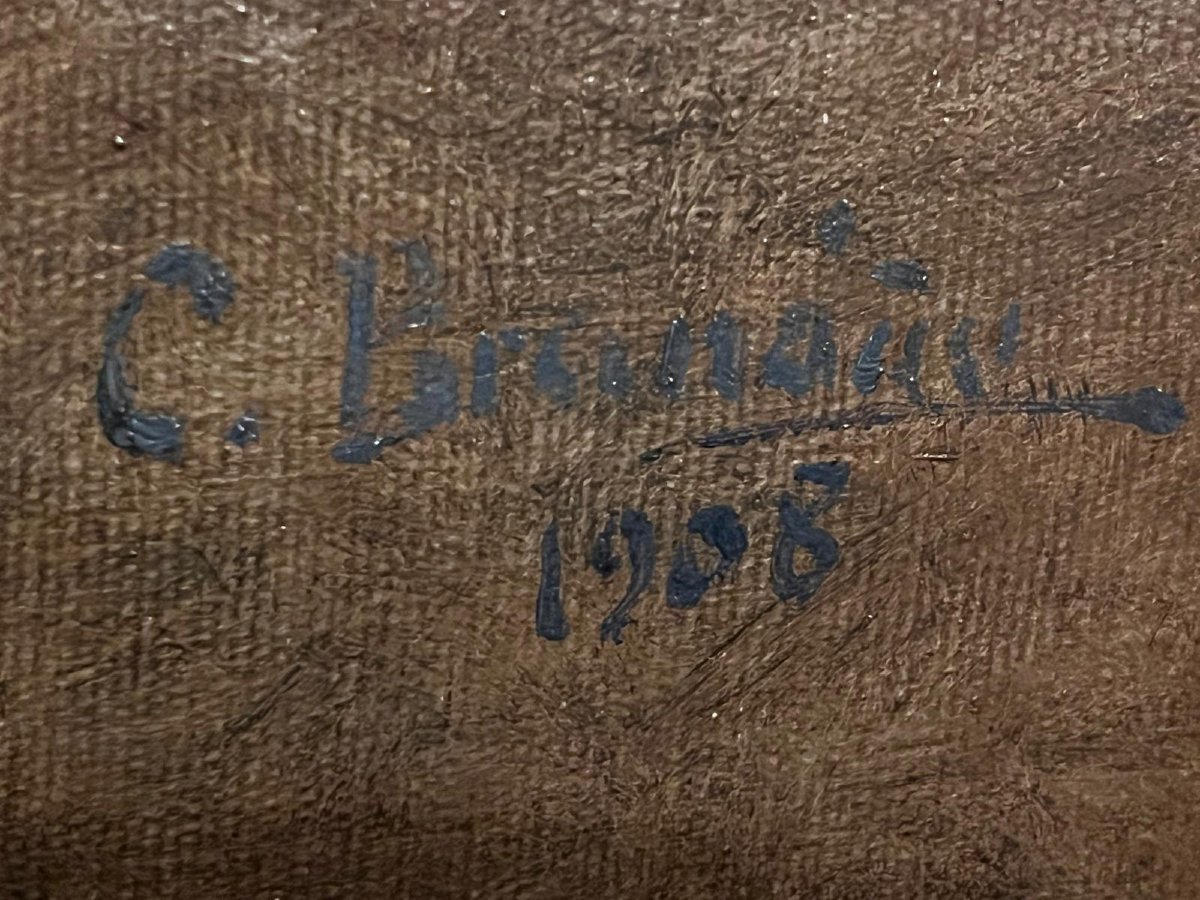 Tableau École Lituanien Signé illisible un Homme prouvant à sa femme qu'il était beau. -photo-8