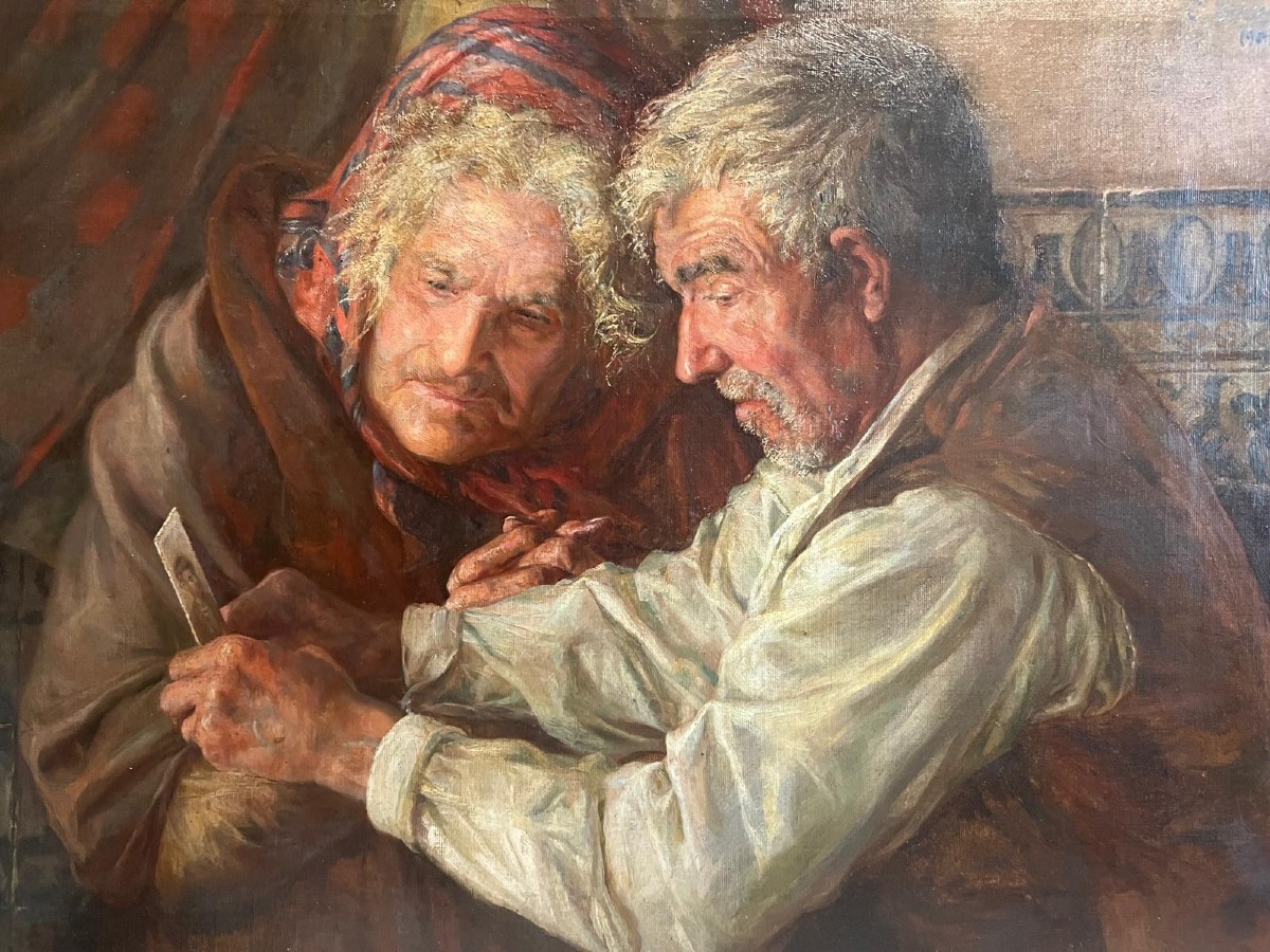 Tableau École Lituanien Signé illisible un Homme prouvant à sa femme qu'il était beau. 