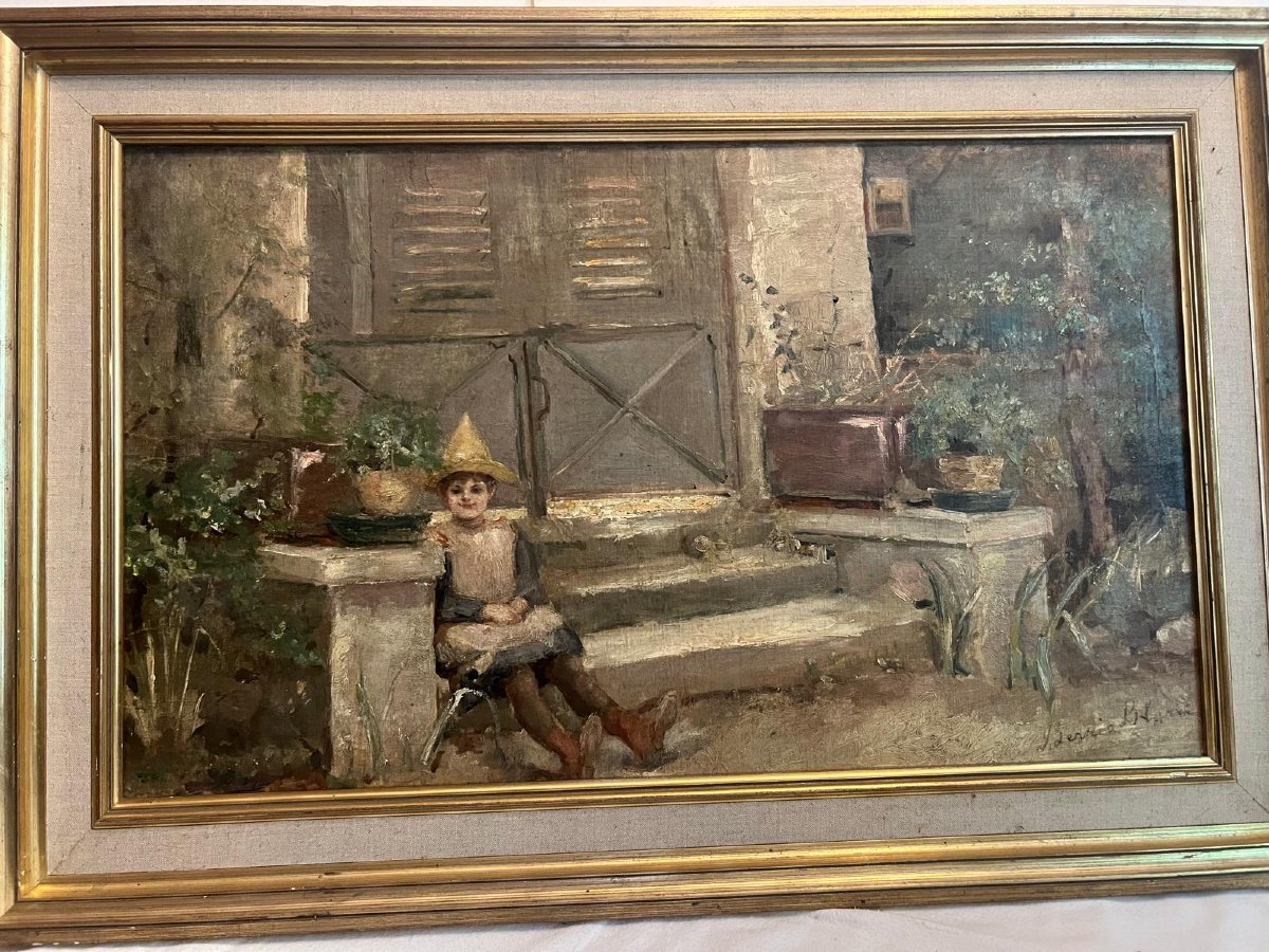 Tableau Petite fille et sa poupée  Signé  Berria  Blanc. -photo-1