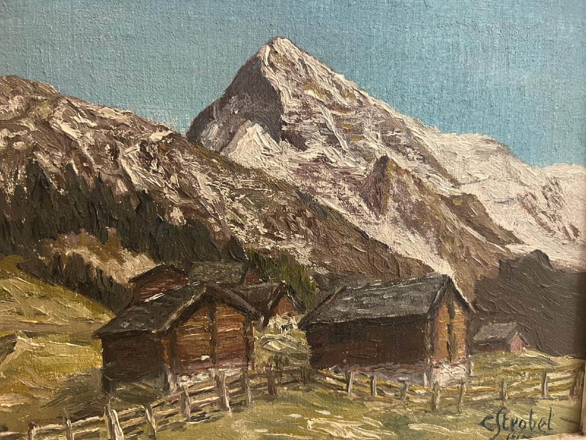 Painting Of An Alpine Landscape Signed C. Strobel, Circa 1910.-photo-3