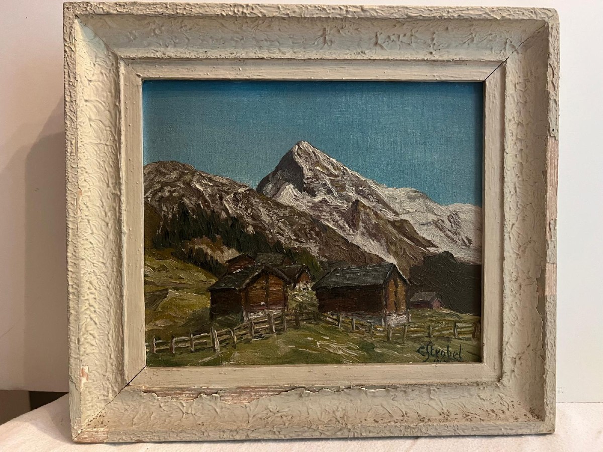 Painting Of An Alpine Landscape Signed C. Strobel, Circa 1910.