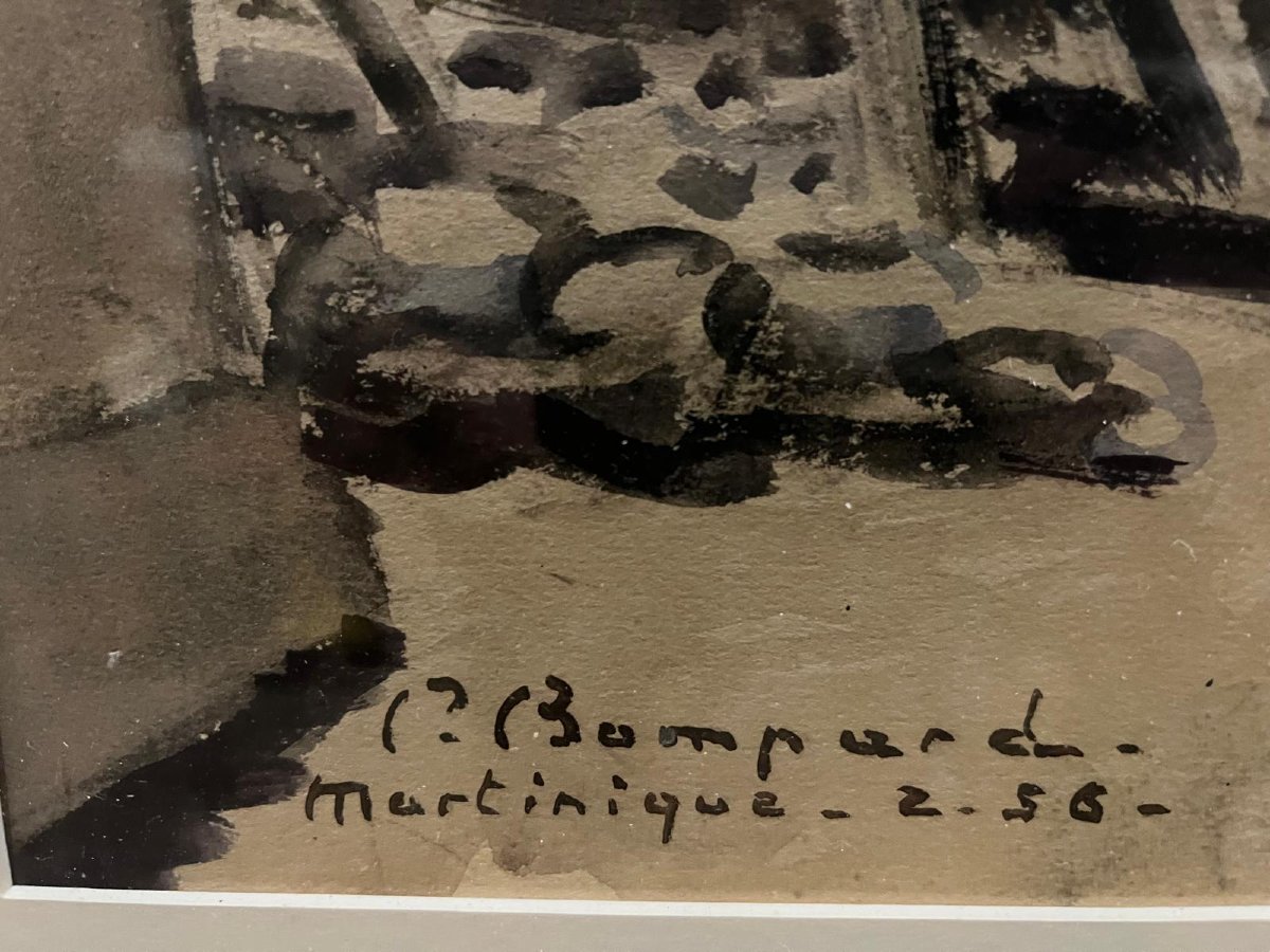 Painting Landscape Of Martinique Signed, Pierre Bompard 02-1956, Watercolor On Paper. -photo-3
