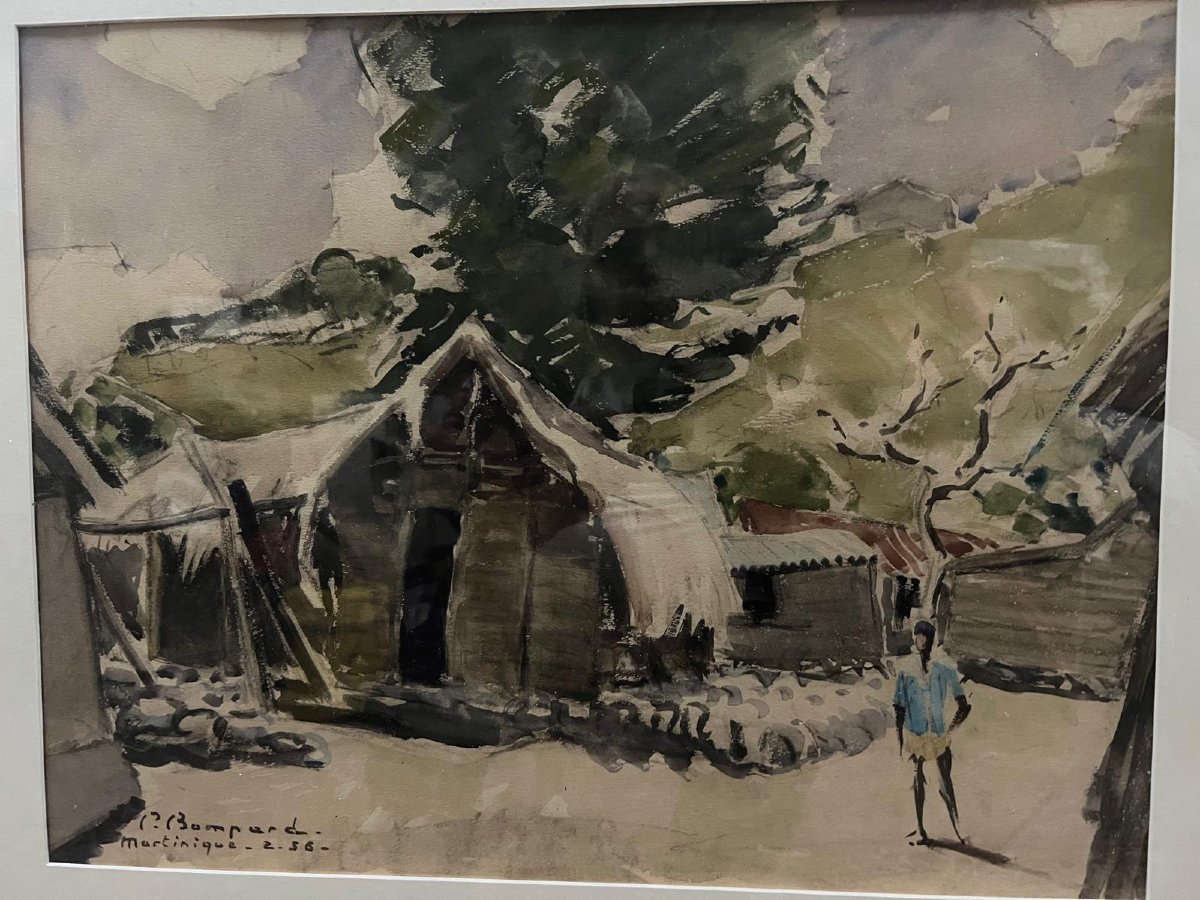 Painting Landscape Of Martinique Signed, Pierre Bompard 02-1956, Watercolor On Paper. -photo-2