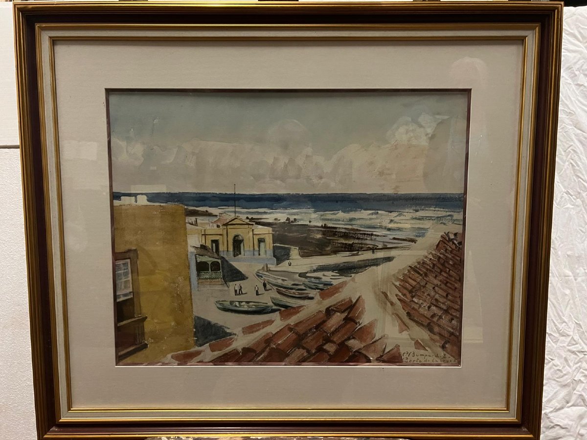 Painting View Of The Port Of Madagascar, Signed Pierre Bompard, 1890-1962, Watercolor On Paper. -photo-3