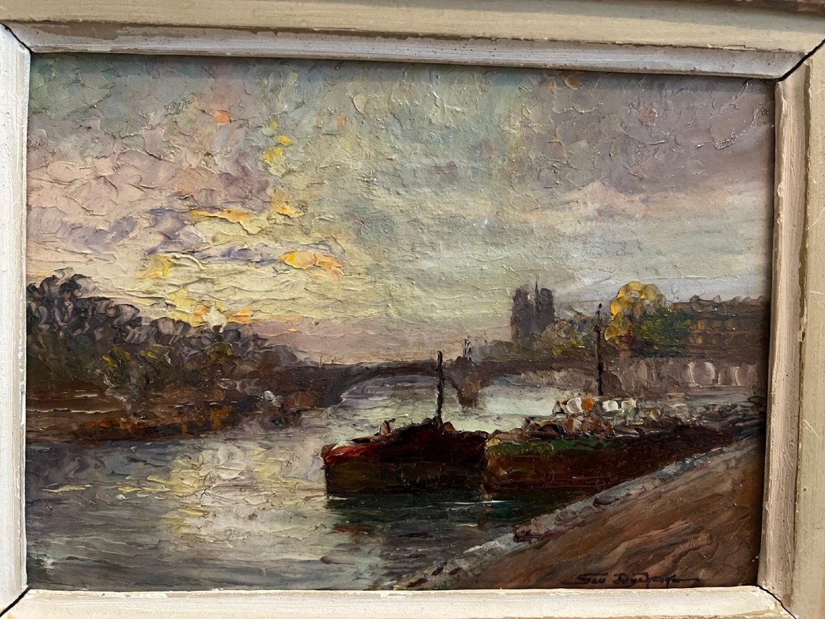 Tableau la Seine  Notre-Dame au Loin,  Signé illisible Huile sur bois  beau cadre. -photo-2
