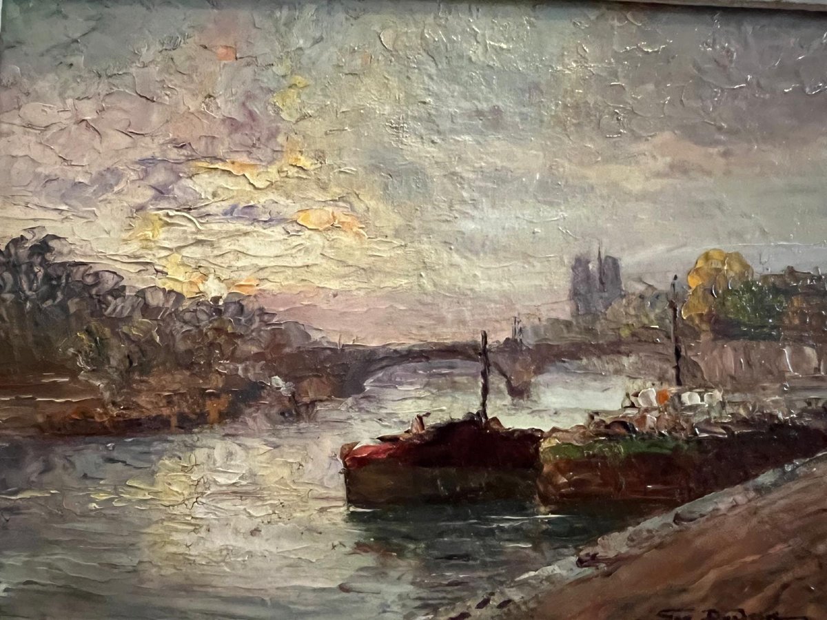 Tableau la Seine  Notre-Dame au Loin,  Signé illisible Huile sur bois  beau cadre. -photo-3